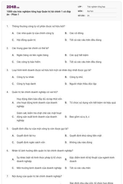 1000 câu trắc nghiệm tổng hợp Quản trị tài chính 1 có đáp án - Phần 1