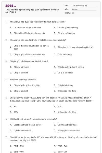 1000 câu trắc nghiệm tổng hợp Quản trị tài chính 1 có đáp án - Phần 5