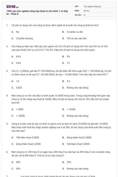 1000 câu trắc nghiệm tổng hợp Quản trị tài chính 1 có đáp án - Phần 8