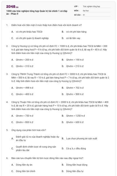1000 câu trắc nghiệm tổng hợp Quản trị tài chính 1 có đáp án - Phần 9