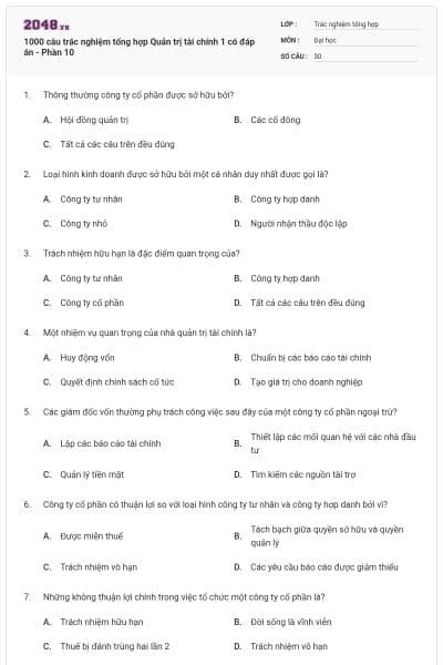 1000 câu trắc nghiệm tổng hợp Quản trị tài chính 1 có đáp án - Phần 10