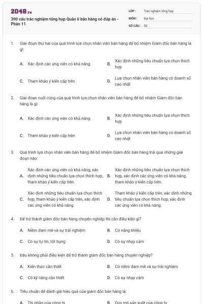 390 câu trắc nghiệm tổng hợp Quản lí bán hàng có đáp án - Phần 11
