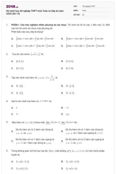 Đề minh họa tốt nghiệp THPT môn Toán có đáp án năm 2025 (Đề 14)
