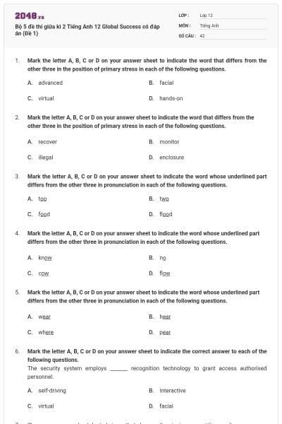 Bộ 5 đề thi giữa kì 2 Tiếng Anh 12 Global Success có đáp án (Đề 1)