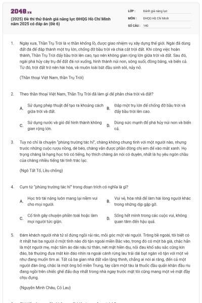 (2025) Đề thi thử Đánh giá năng lực ĐHQG Hồ Chí Minh năm 2025 có đáp án (Đề 6)