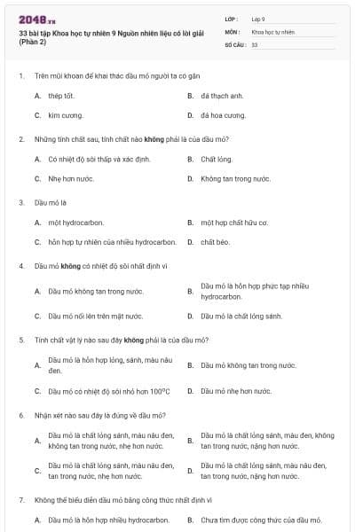 33 bài tập Khoa học tự nhiên 9 Nguồn nhiên liệu có lời giải (Phần 2)