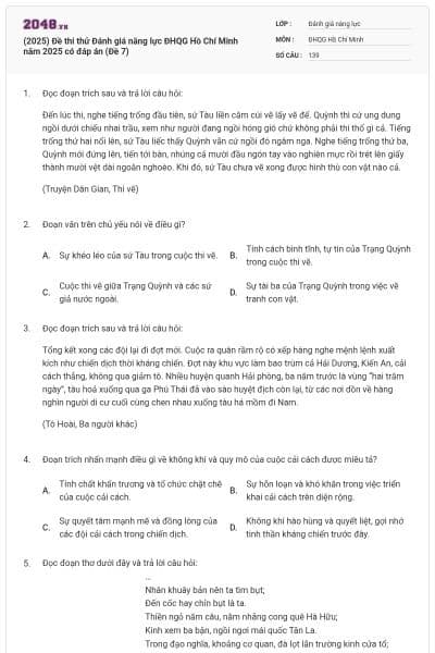 (2025) Đề thi thử Đánh giá năng lực ĐHQG Hồ Chí Minh năm 2025 có đáp án (Đề 7)