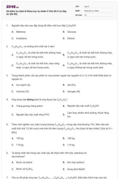 Đề kiểm tra định kì Khoa học tự nhiên 9 Chủ đề 9 có đáp án (Đề 80)