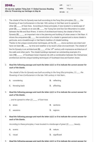 30 câu trắc nghiệm Tiếng Anh 11 Global Success Reading điền từ: Preserving our heritage có đáp án