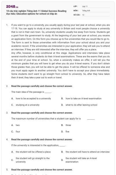 10 câu trắc nghiệm Tiếng Anh 11 Global Success Reading đọc hiểu: Education options for school có đáp án