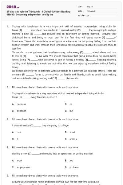 25 câu trắc nghiệm Tiếng Anh 11 Global Success Reading điền từ: Becoming independent có đáp án