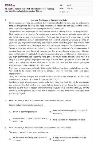 10 câu trắc nghiệm Tiếng Anh 11 Global Success Reading đọc hiểu: Becoming independent có đáp án