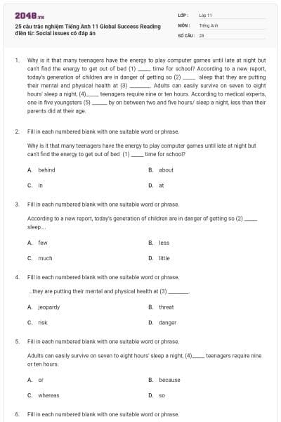 25 câu trắc nghiệm Tiếng Anh 11 Global Success Reading điền từ: Social issues có đáp án