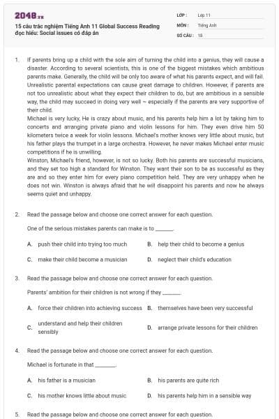 15 câu trắc nghiệm Tiếng Anh 11 Global Success Reading đọc hiểu: Social issues có đáp án