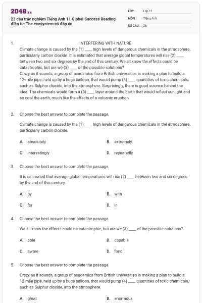 23 câu trắc nghiệm Tiếng Anh 11 Global Success Reading điền từ: The ecosystem có đáp án