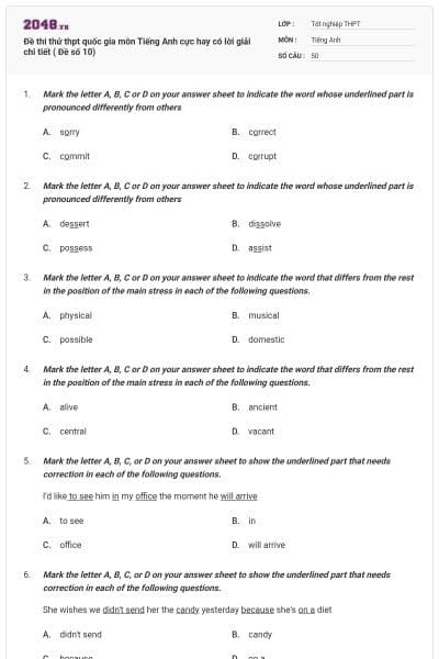 Đề thi thử thpt quốc gia môn Tiếng Anh cực hay có lời giải chi tiết ( Đề số 10)