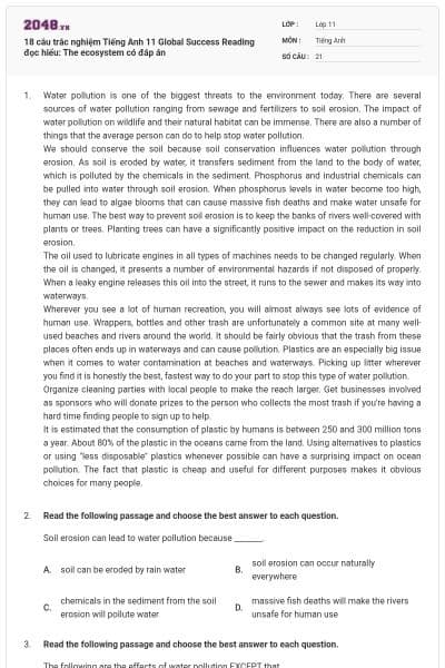 18 câu trắc nghiệm Tiếng Anh 11 Global Success Reading đọc hiểu: The ecosystem có đáp án