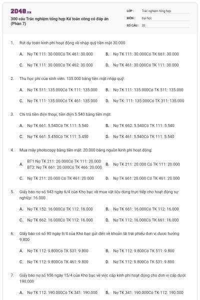 300 câu Trắc nghiệm tổng hợp Kế toán công có đáp án (Phần 7)