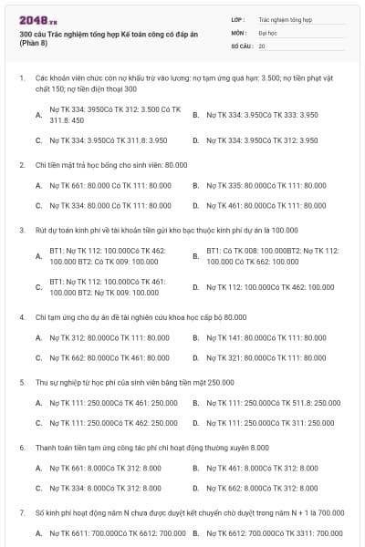 300 câu Trắc nghiệm tổng hợp Kế toán công có đáp án (Phần 8)