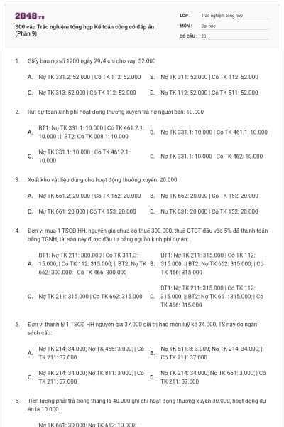 300 câu Trắc nghiệm tổng hợp Kế toán công có đáp án (Phần 9)