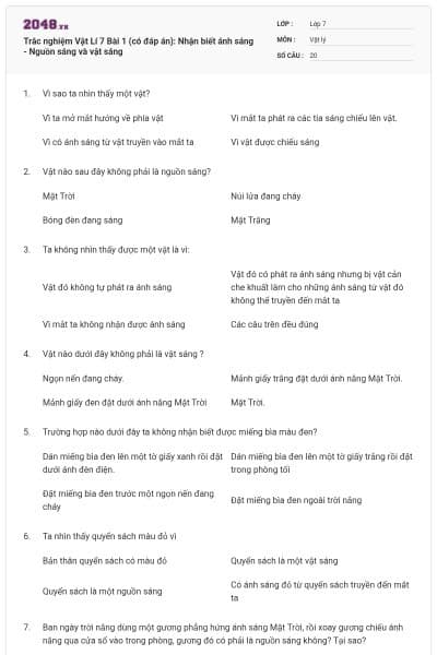 Trắc nghiệm Vật Lí 7 Bài 1 (có đáp án): Nhận biết ánh sáng - Nguồn sáng và vật sáng