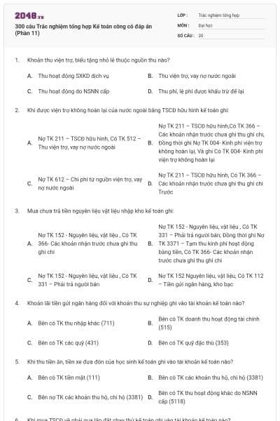 300 câu Trắc nghiệm tổng hợp Kế toán công có đáp án (Phần 11)