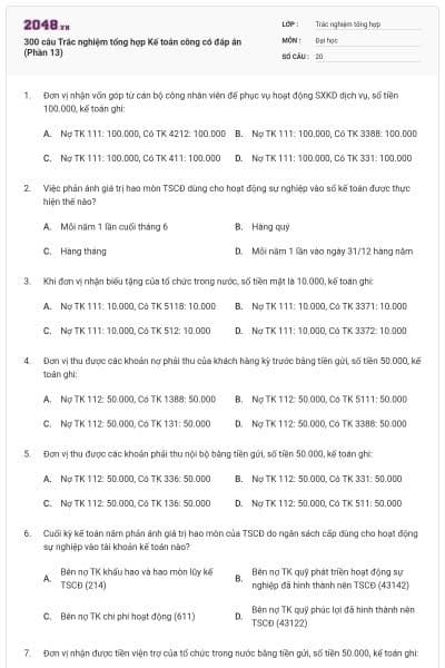 300 câu Trắc nghiệm tổng hợp Kế toán công có đáp án (Phần 13)