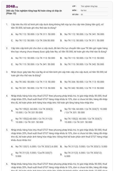 300 câu Trắc nghiệm tổng hợp Kế toán công có đáp án (Phần 15)