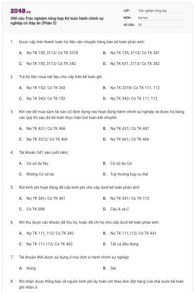 300 câu Trắc nghiệm tổng hợp Kế toán hành chính sự nghiệp có đáp án (Phần 5)
