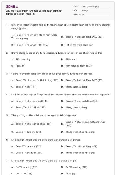 300 câu Trắc nghiệm tổng hợp Kế toán hành chính sự nghiệp có đáp án (Phần 11)