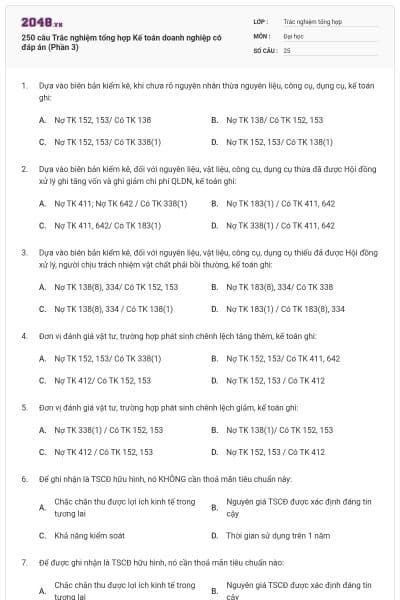 250 câu Trắc nghiệm tổng hợp Kế toán doanh nghiệp có đáp án (Phần 3)