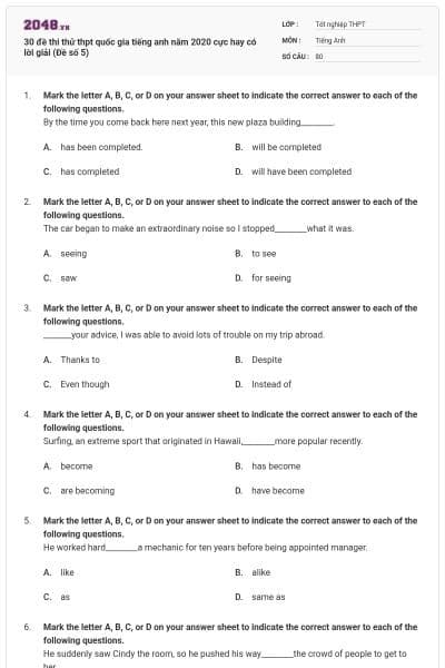 30 đề thi thử thpt quốc gia tiếng anh năm 2020 cực hay có lời giải (Đề số 5)