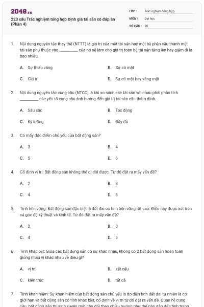 220 câu Trắc nghiệm tổng hợp Định giá tài sản có đáp án (Phần 4)