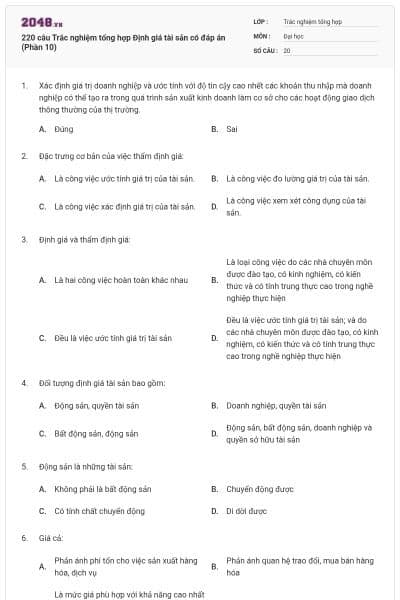 220 câu Trắc nghiệm tổng hợp Định giá tài sản có đáp án (Phần 10)