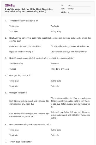8 câu  Trắc nghiệm Sinh Học 11 Bài 38 (có đáp án): Các nhân tố ảnh hưởng đến sự sinh trưởng (Phần 1)