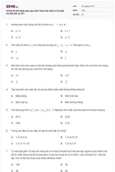 30 Đề thi thử thpt quốc gia môn Toán hay nhất có lời giải chi tiết (đề số 27)