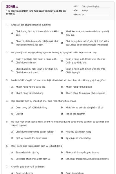 110 câu Trắc nghiệm tổng hợp Quản trị dịch vụ có đáp án (Phần 3)