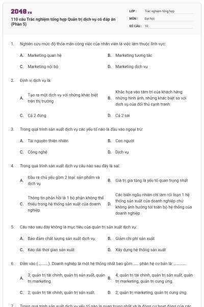 110 câu Trắc nghiệm tổng hợp Quản trị dịch vụ có đáp án (Phần 5)