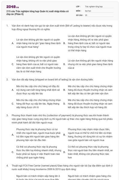 215 câu Trắc nghiệm tổng hợp Quản trị xuất nhập khẩu có đáp án (Phần 8)