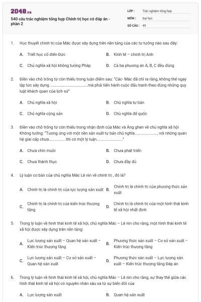 540 câu trắc nghiệm tổng hợp Chính trị học có đáp án - phần 2