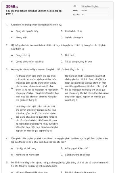 540 câu trắc nghiệm tổng hợp Chính trị học có đáp án - phần 3