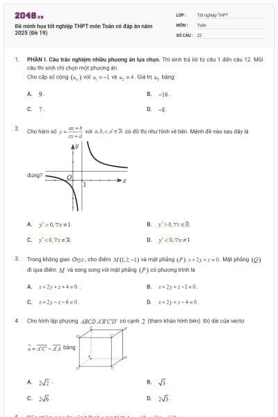 Đề minh họa tốt nghiệp THPT môn Toán có đáp án năm 2025 (Đề 19)