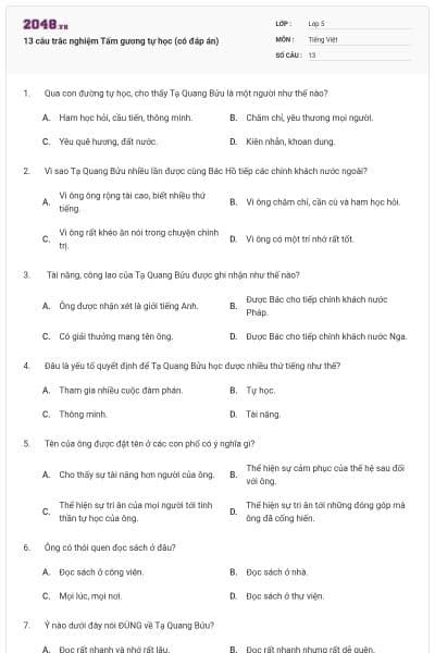 13 câu trắc nghiệm Tấm gương tự học (có đáp án)