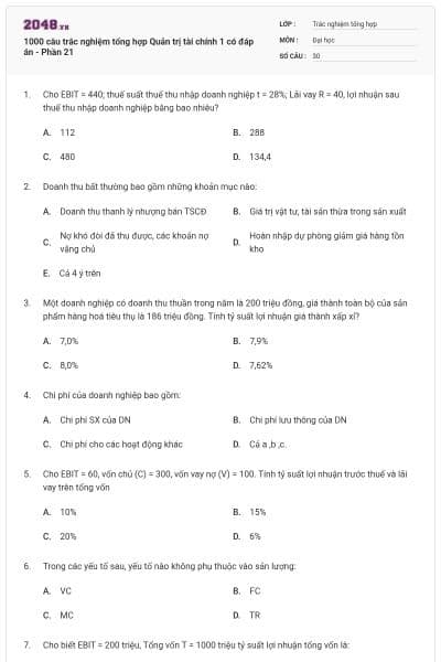 1000 câu trắc nghiệm tổng hợp Quản trị tài chính 1 có đáp án - Phần 21