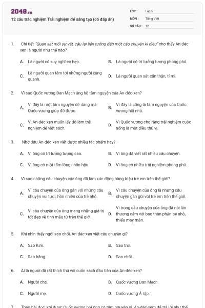 12 câu trắc nghiệm Trải nghiệm để sáng tạo (có đáp án)