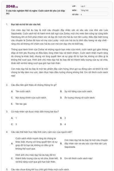 5 câu trắc nghiệm Nói và nghe: Cuốn sách tôi yêu (có đáp án)