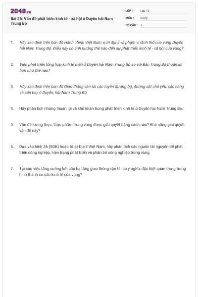 Bài 36: Vấn đề phát triển kinh tế - xã hội ở Duyên hải Nam Trung Bộ