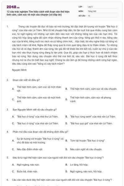 12 câu trắc nghiệm Tìm hiểu cách viết đoạn văn thể hiện tình cảm, cảm xúc về một câu chuyện (có đáp án)