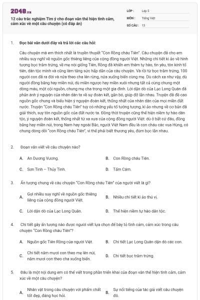 12 câu trắc nghiệm Tìm ý cho đoạn văn thể hiện tình cảm, cảm xúc về một câu chuyện (có đáp án)