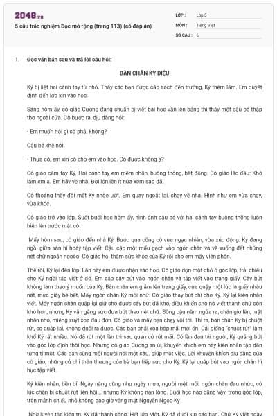 5 câu trắc nghiệm Đọc mở rộng (trang 113) (có đáp án)